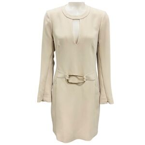 BARBARA BUI LIGHT BEIGE BUCKLE ADORNED DRESS WITH SLIT SLEEVES